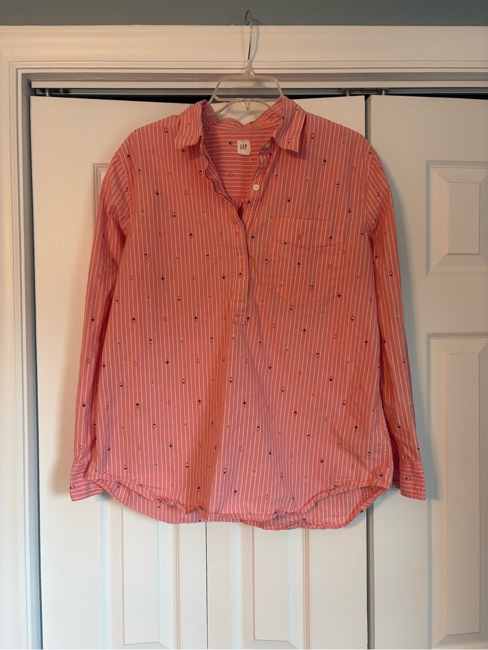 GAP Coral Striped Button-Down Shirt with Multicolor Geometric Details